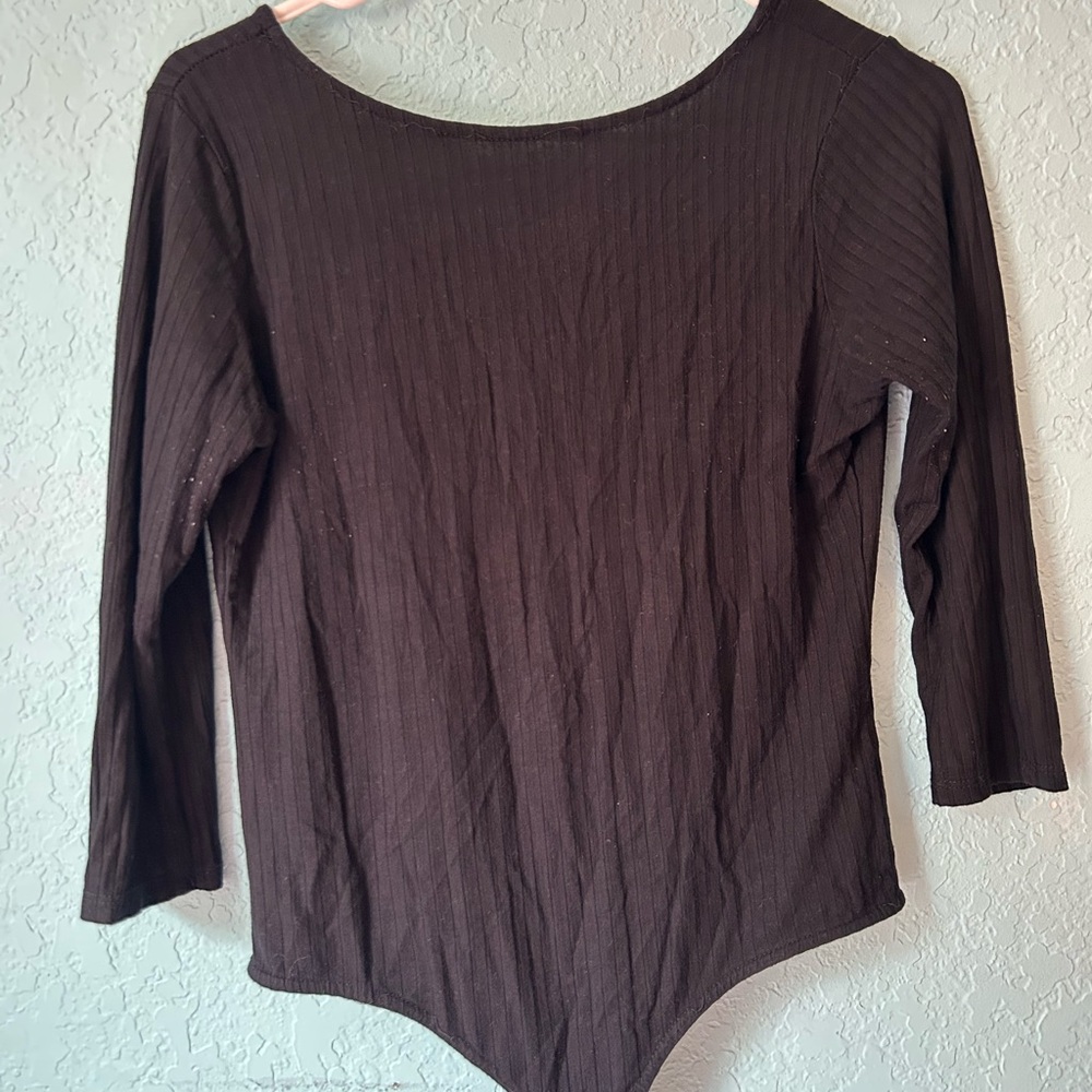 Forever 21 Dark Brown Ribbed Long Sleeve Bodysuit